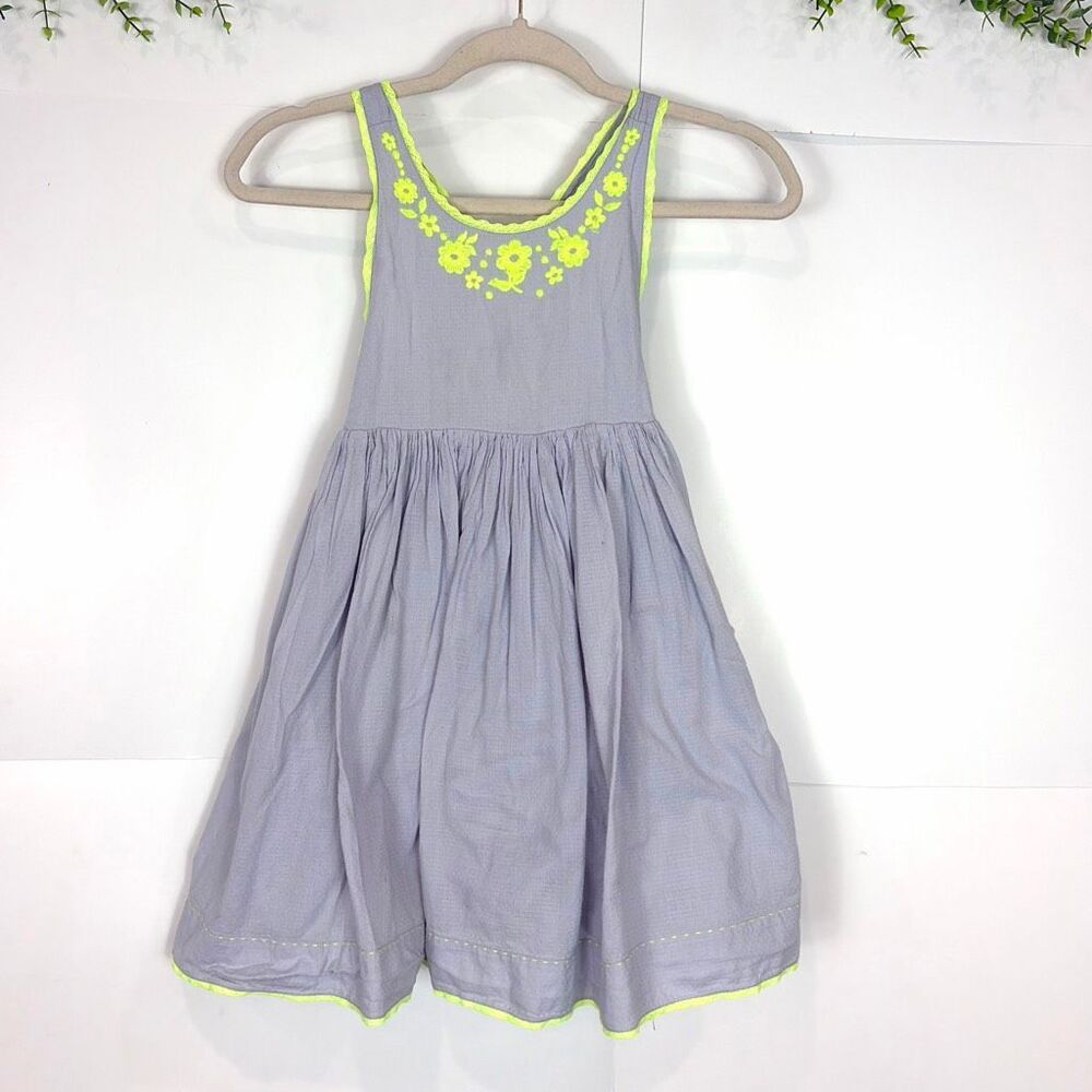 Mini Boden Dress Girls Kids 7-8Y cotton blue Green Floral Embroidered Pinafore